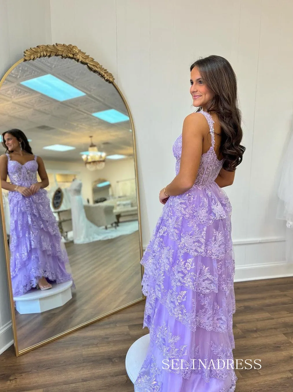 A-line Lilac Layered Lace Long Prom Dress With Slit lpk930