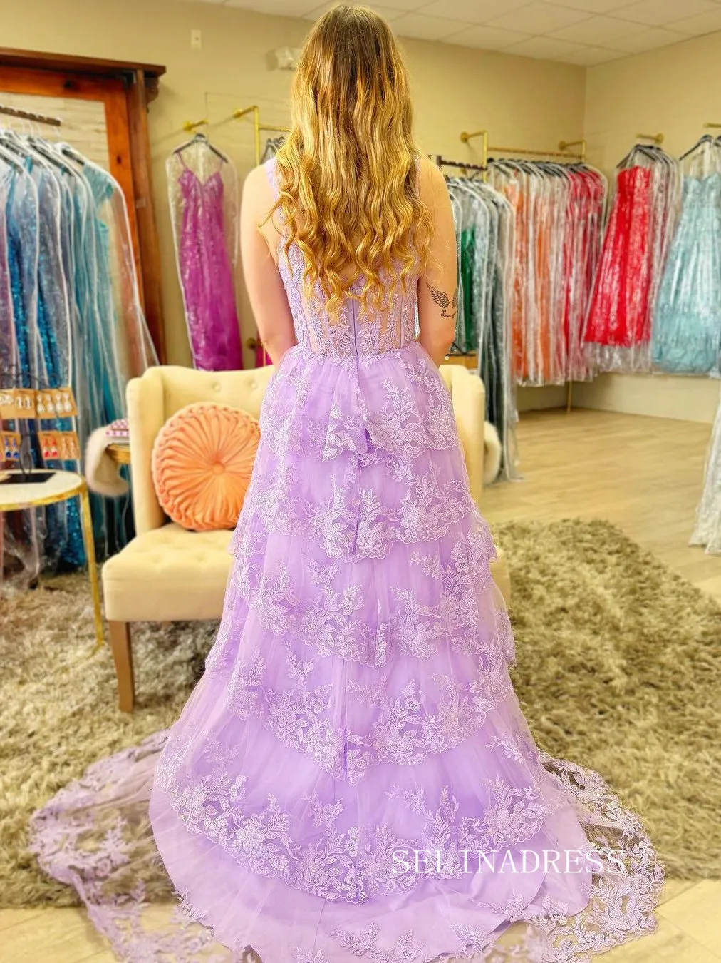 A-line Lilac Layered Lace Long Prom Dress With Slit lpk930