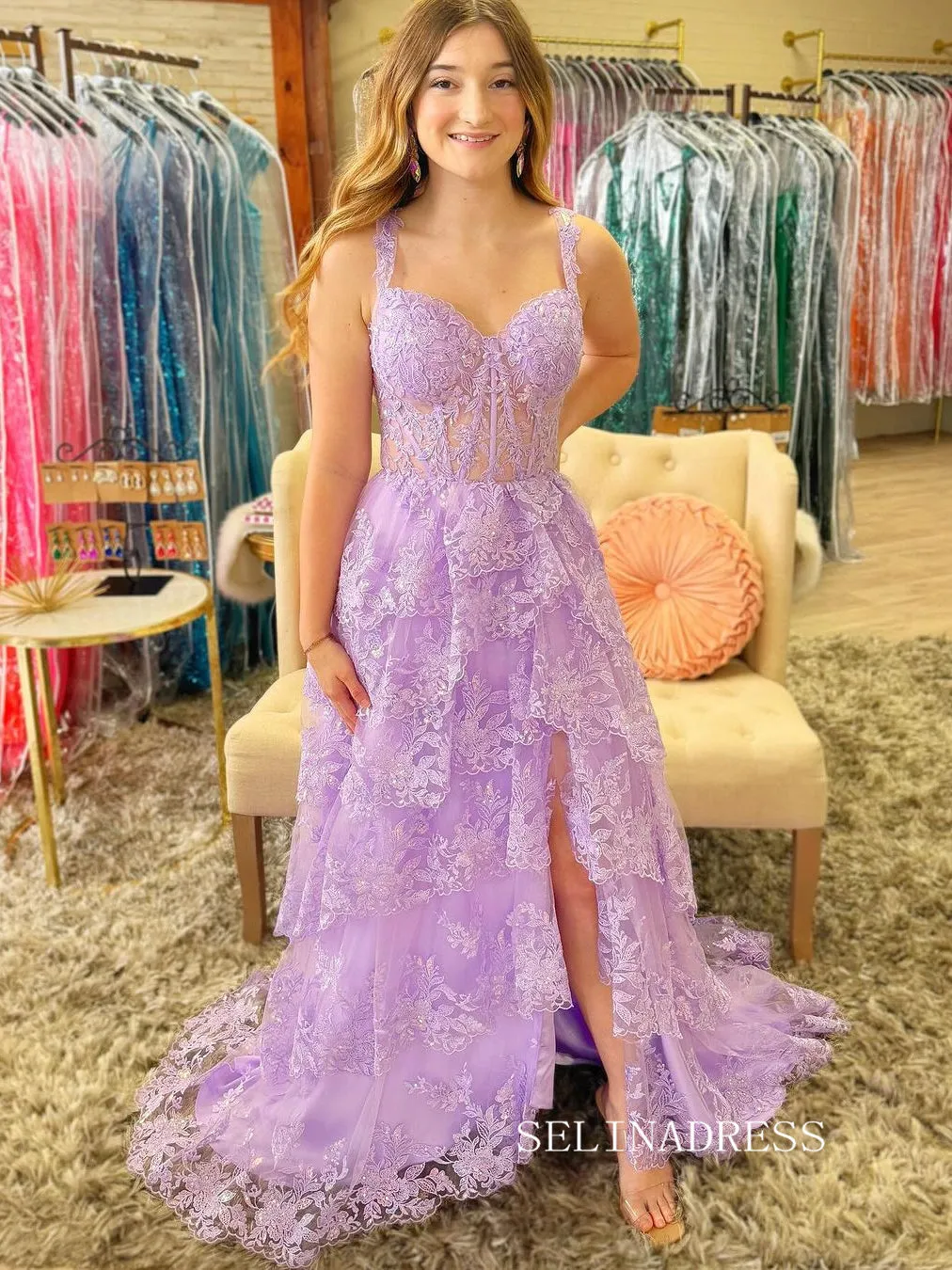 A-line Lilac Layered Lace Long Prom Dress With Slit lpk930