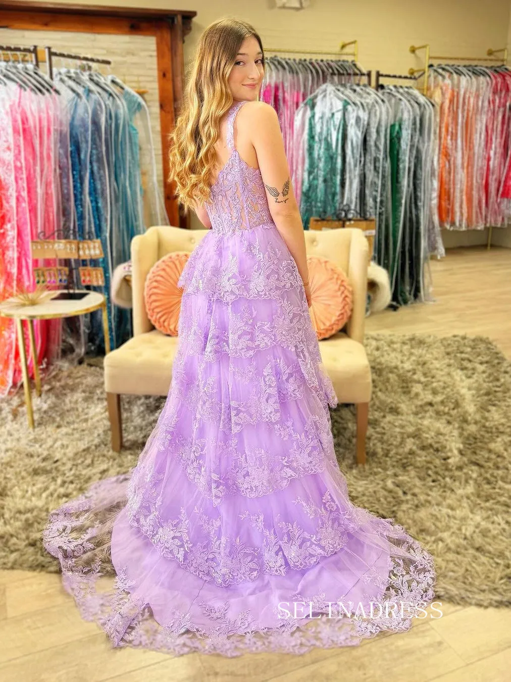 A-line Lilac Layered Lace Long Prom Dress With Slit lpk930