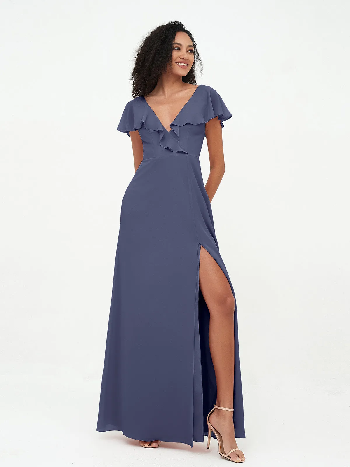 A-line V-neck Chiffon Dresses with Pockets-Stormy