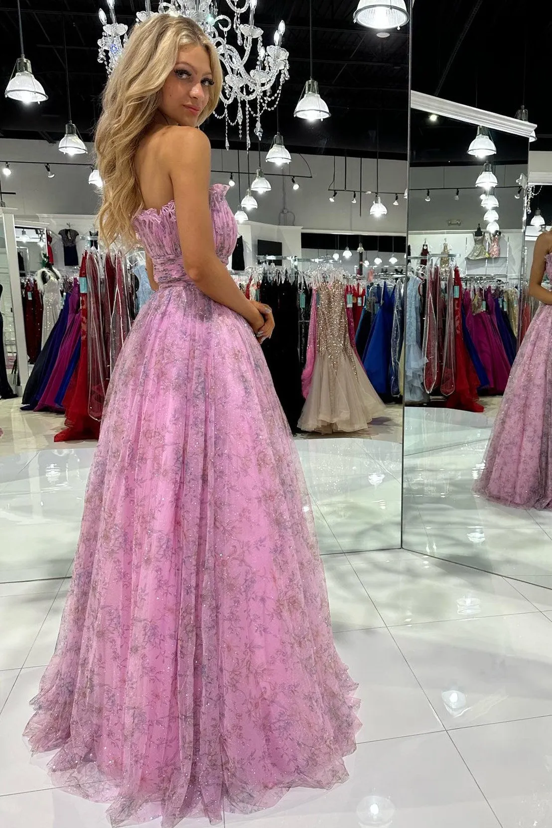 Amani |A line Strapless Printed Glitter Tulle Prom Dress