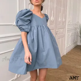 Amy Fashion - Elegant Square Collar Puff Short Sleeve Party Dress