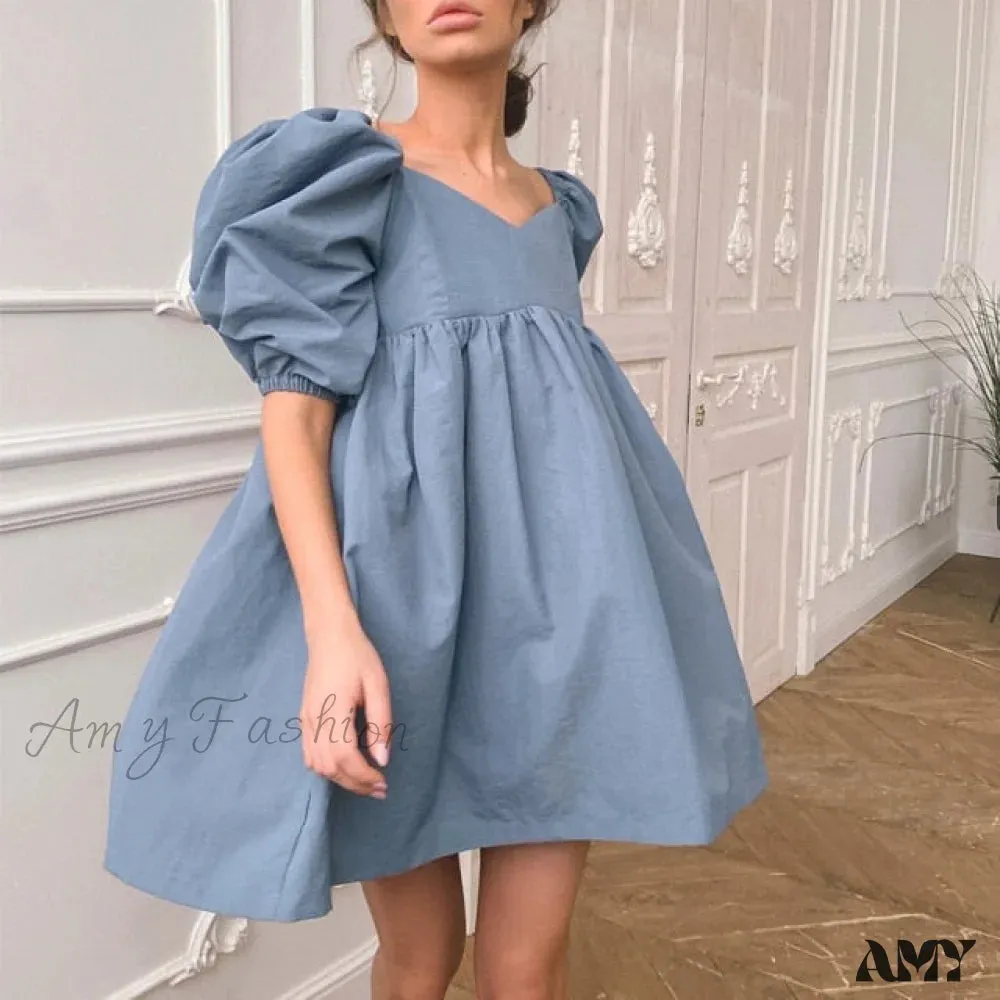 Amy Fashion - Elegant Square Collar Puff Short Sleeve Party Dress