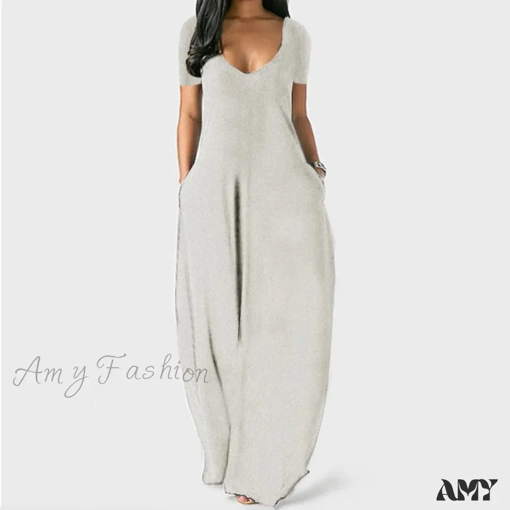 Amy Fashion - Fashion Pockets Short Sleeve Loose Dress