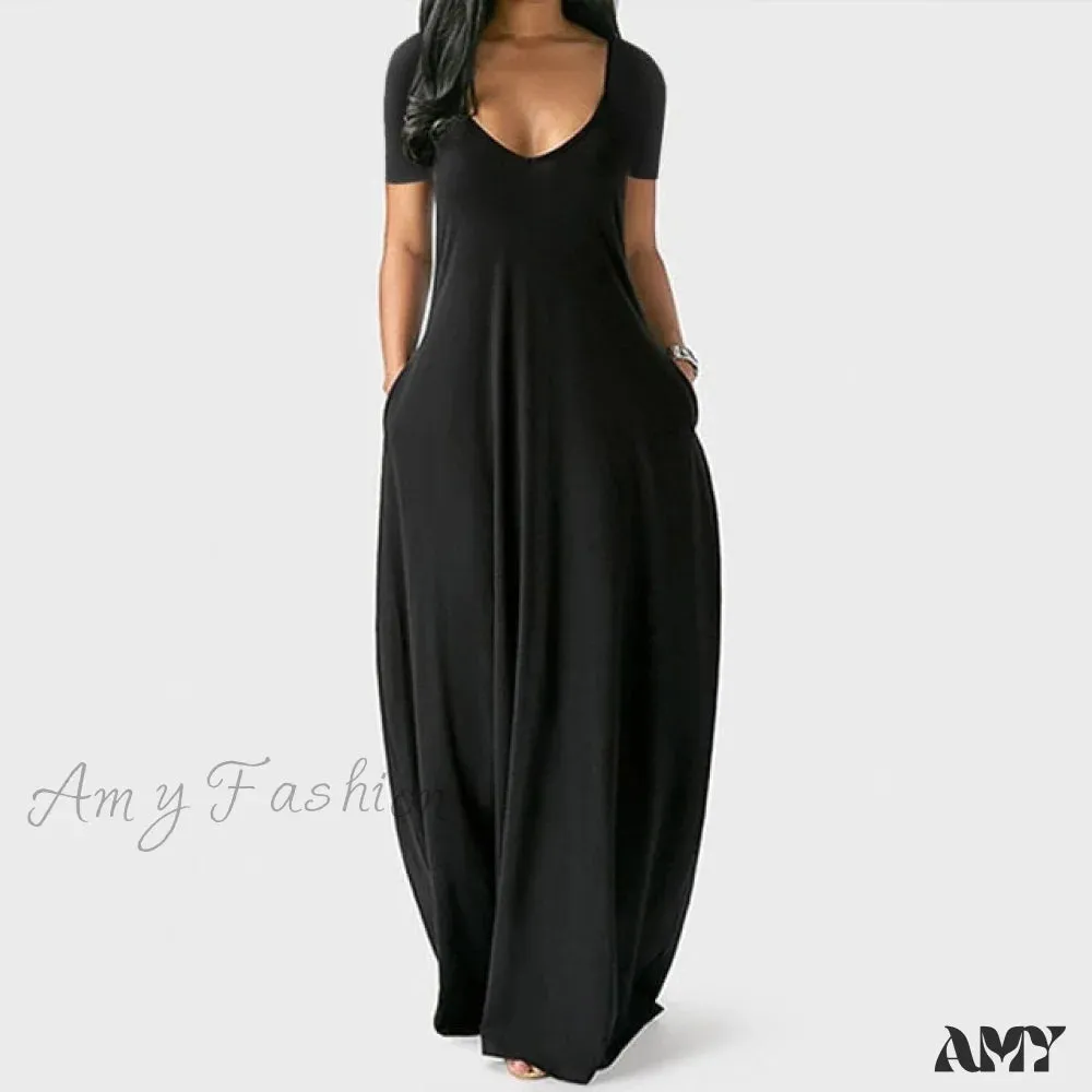 Amy Fashion - Fashion Pockets Short Sleeve Loose Dress