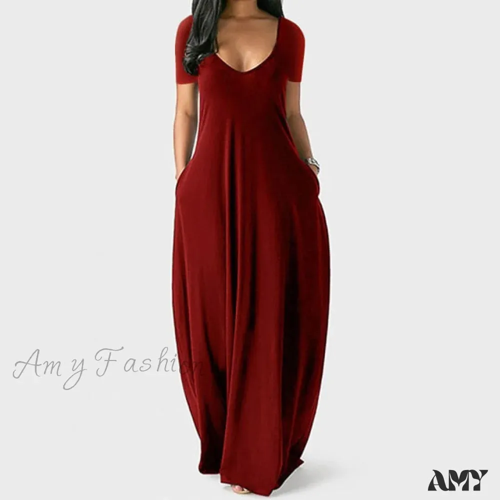 Amy Fashion - Fashion Pockets Short Sleeve Loose Dress
