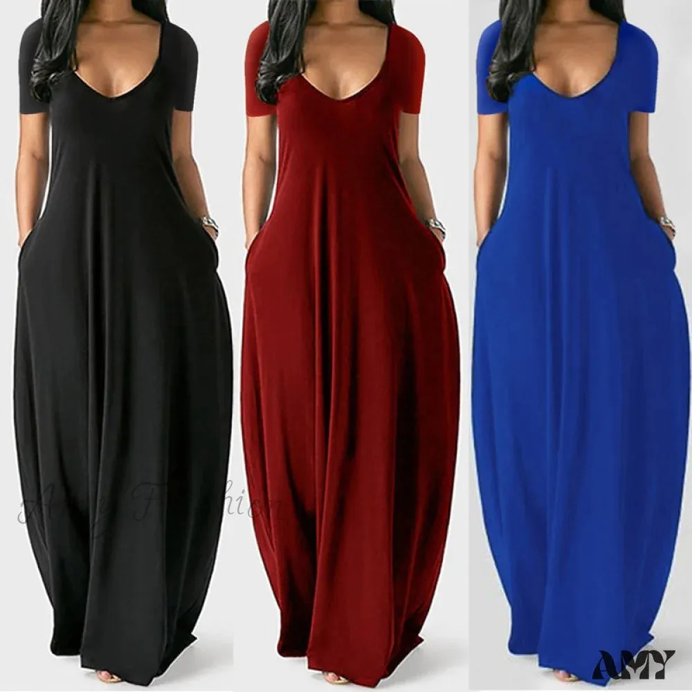 Amy Fashion - Fashion Pockets Short Sleeve Loose Dress
