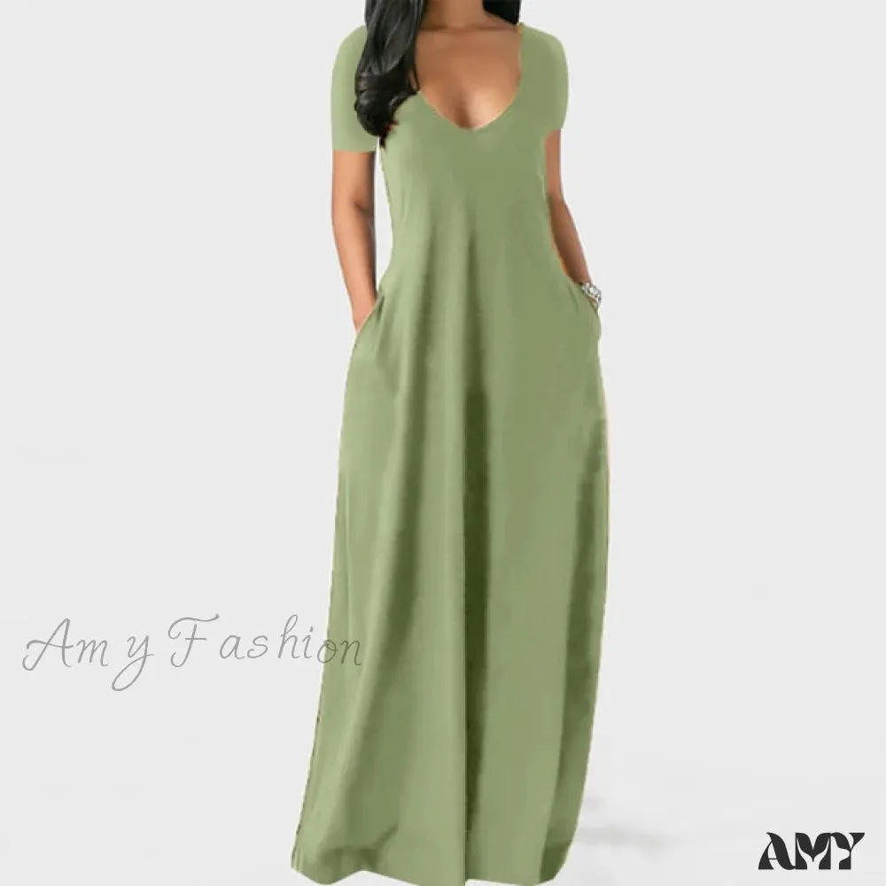 Amy Fashion - Fashion Pockets Short Sleeve Loose Dress