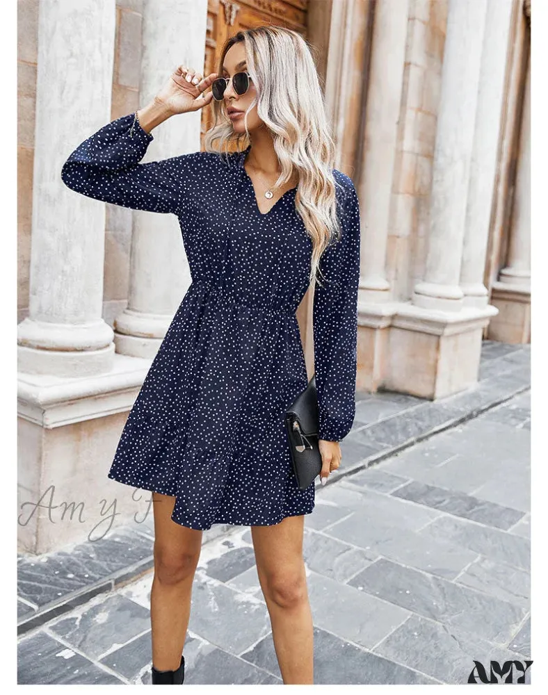 Amy Fashion - New Casual Lace Up V Neck Full Sleeve Slim Short Dress