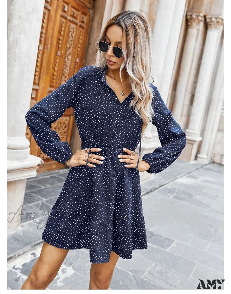 Amy Fashion - New Casual Lace Up V Neck Full Sleeve Slim Short Dress
