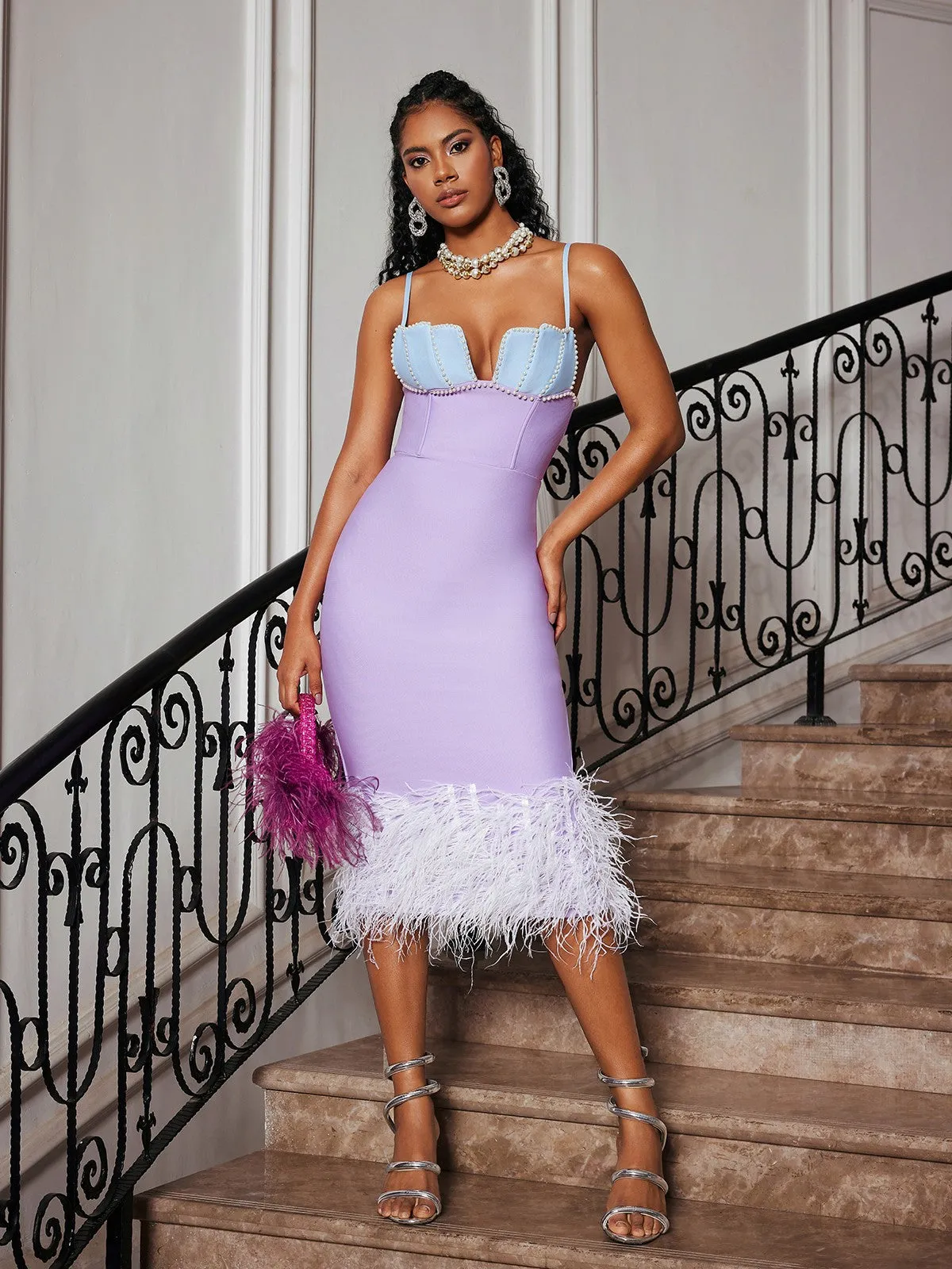 Arife Spaghetti Pearl Feather Bandage Dress