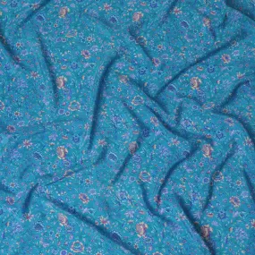 Azure Blossom Pure Silk Crepe Fabric - Exotic Floral Elegance, 110cm Width, Indian Heritage - Buy Online by the Meter-D18036