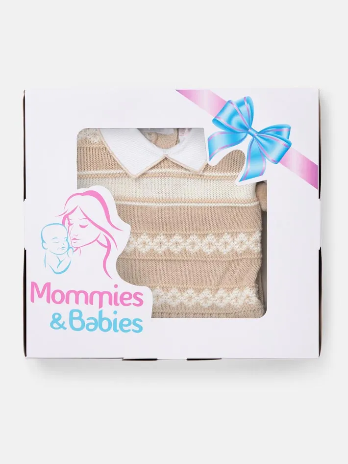Baby Boy 2 Piece Striped Diamond Knit Pom-pom Gift Box Set-Beige