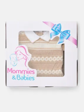 Baby Boy 2 Piece Striped Diamond Knit Pom-pom Gift Box Set-Beige