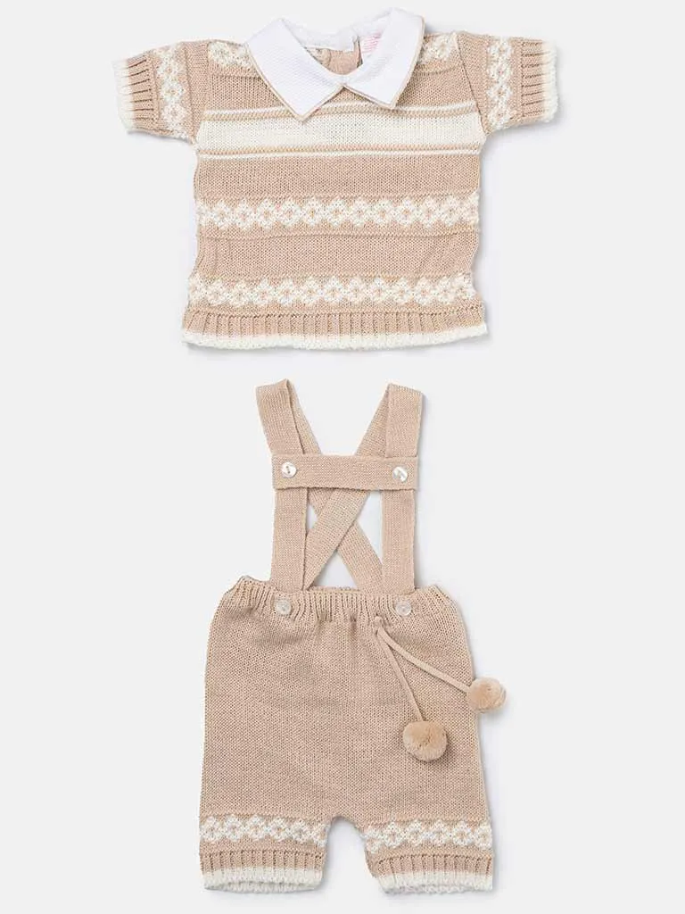 Baby Boy 2 Piece Striped Diamond Knit Pom-pom Gift Box Set-Beige