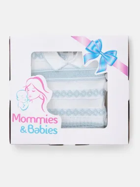 Baby Boy 2 Piece Striped Diamond Knit Pom-pom Gift Box Set-White & Baby Blue