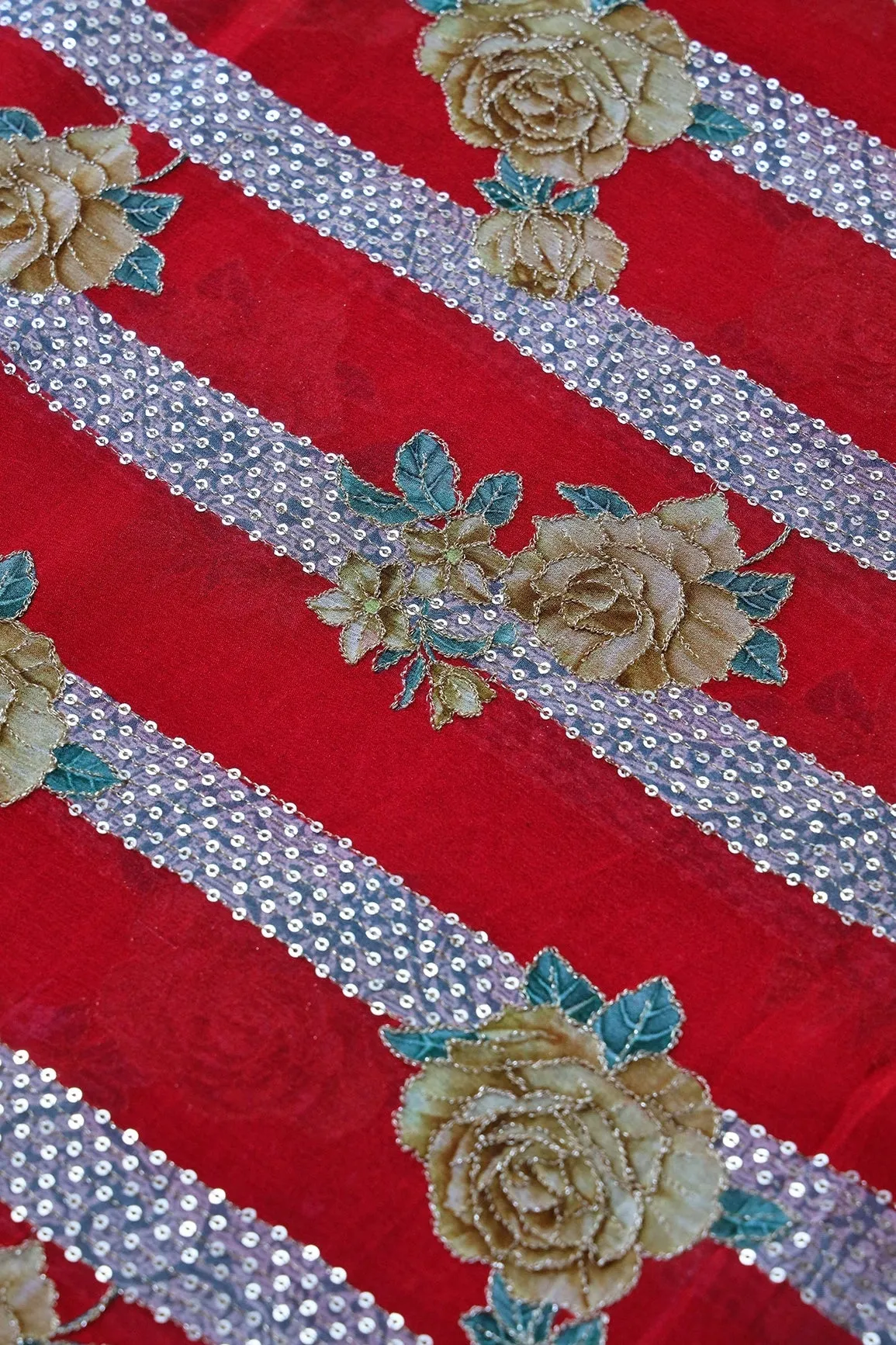 Beautiful Floral With Stripes Position Print On Sequins Embroidery Red Viscose Chinnon Chiffon Fabric