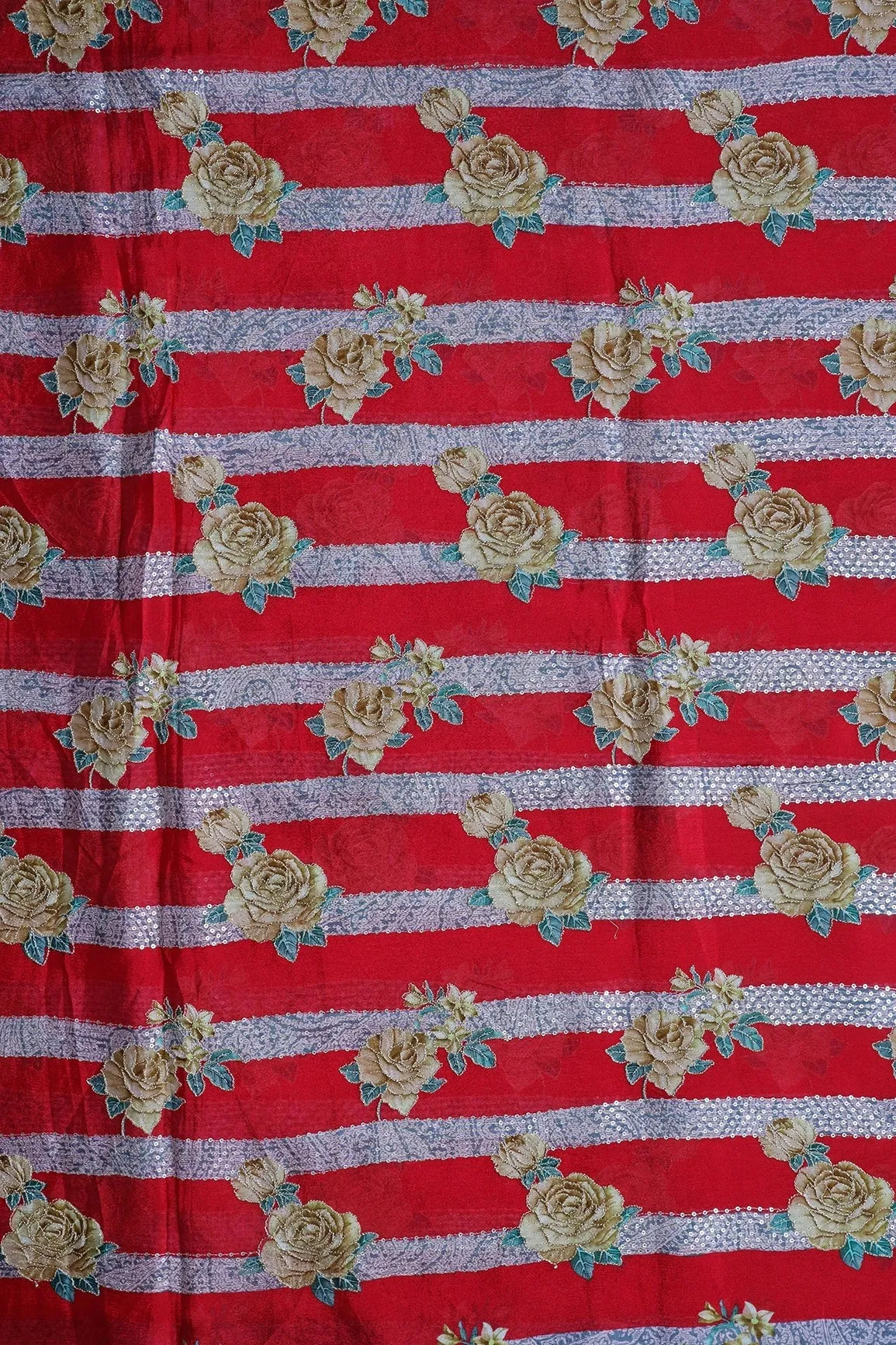 Beautiful Floral With Stripes Position Print On Sequins Embroidery Red Viscose Chinnon Chiffon Fabric