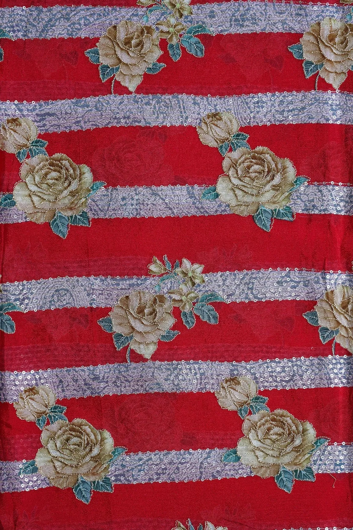 Beautiful Floral With Stripes Position Print On Sequins Embroidery Red Viscose Chinnon Chiffon Fabric