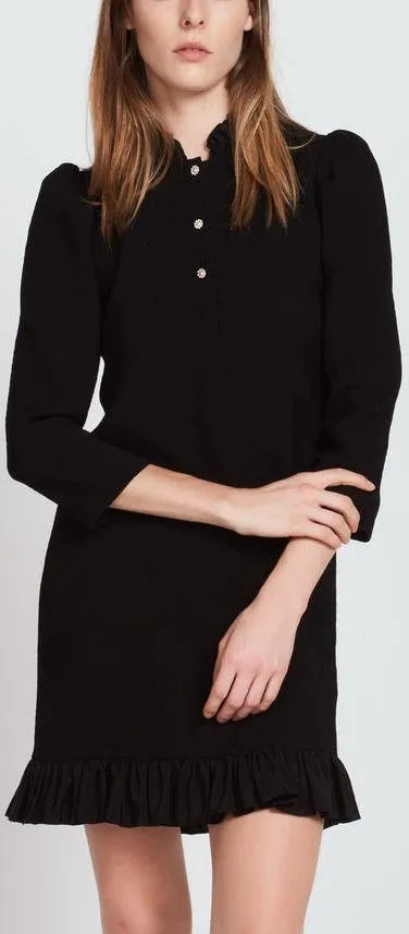 Black Textured Dress with Jewelled Buttons