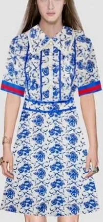 Blue-Floral Print Dress with Web-Strip Sleeves