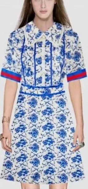 Blue-Floral Print Dress with Web-Strip Sleeves