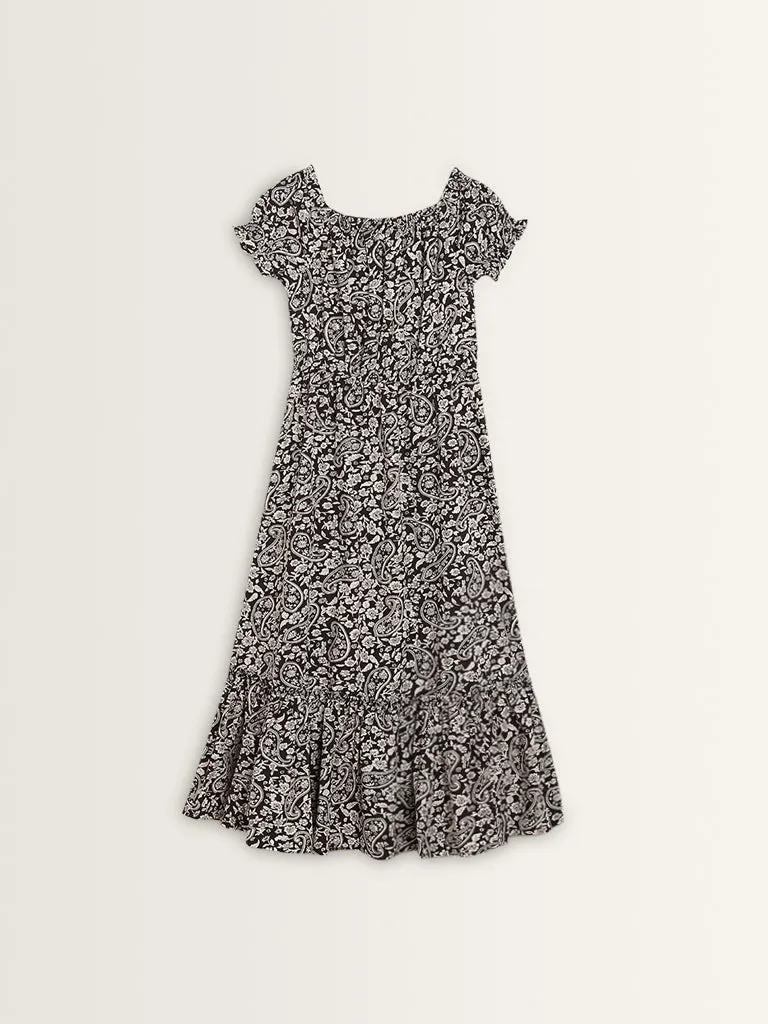 Bombay Paisley Brown Paisley Design Off-Shoulder Cotton Dress