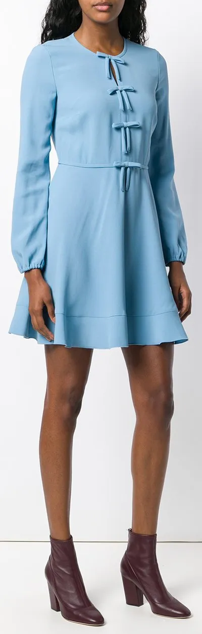Bow Detail Long-Sleeved Dress, Light Blue