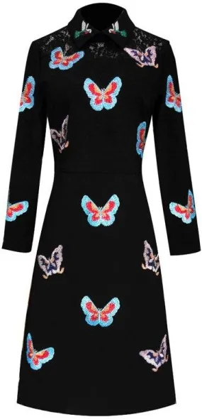Butterfly-Embroidered Embellished Collar Dress