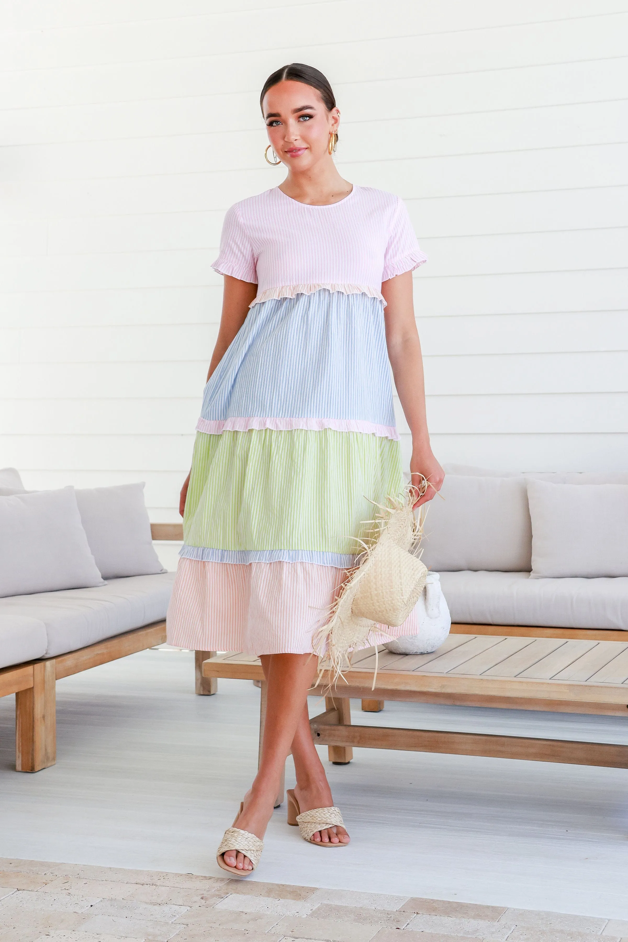Candace Ruffle Trim Stripe Midi Dress - Multi