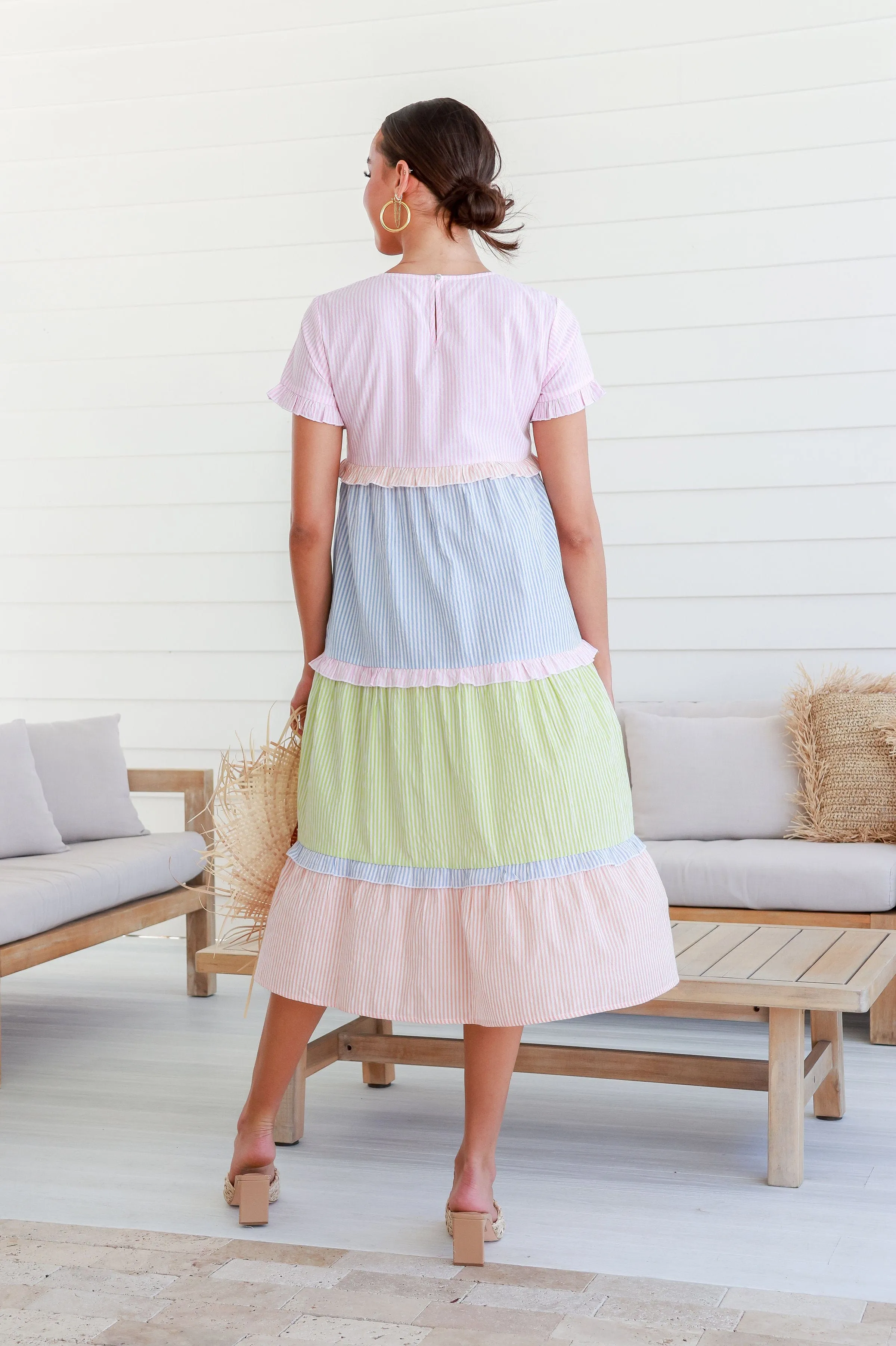 Candace Ruffle Trim Stripe Midi Dress - Multi