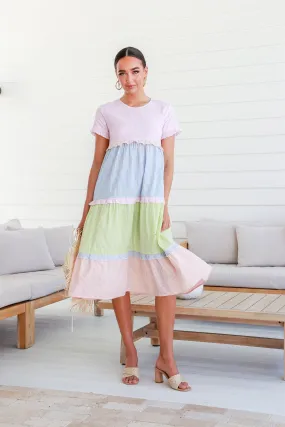 Candace Ruffle Trim Stripe Midi Dress - Multi