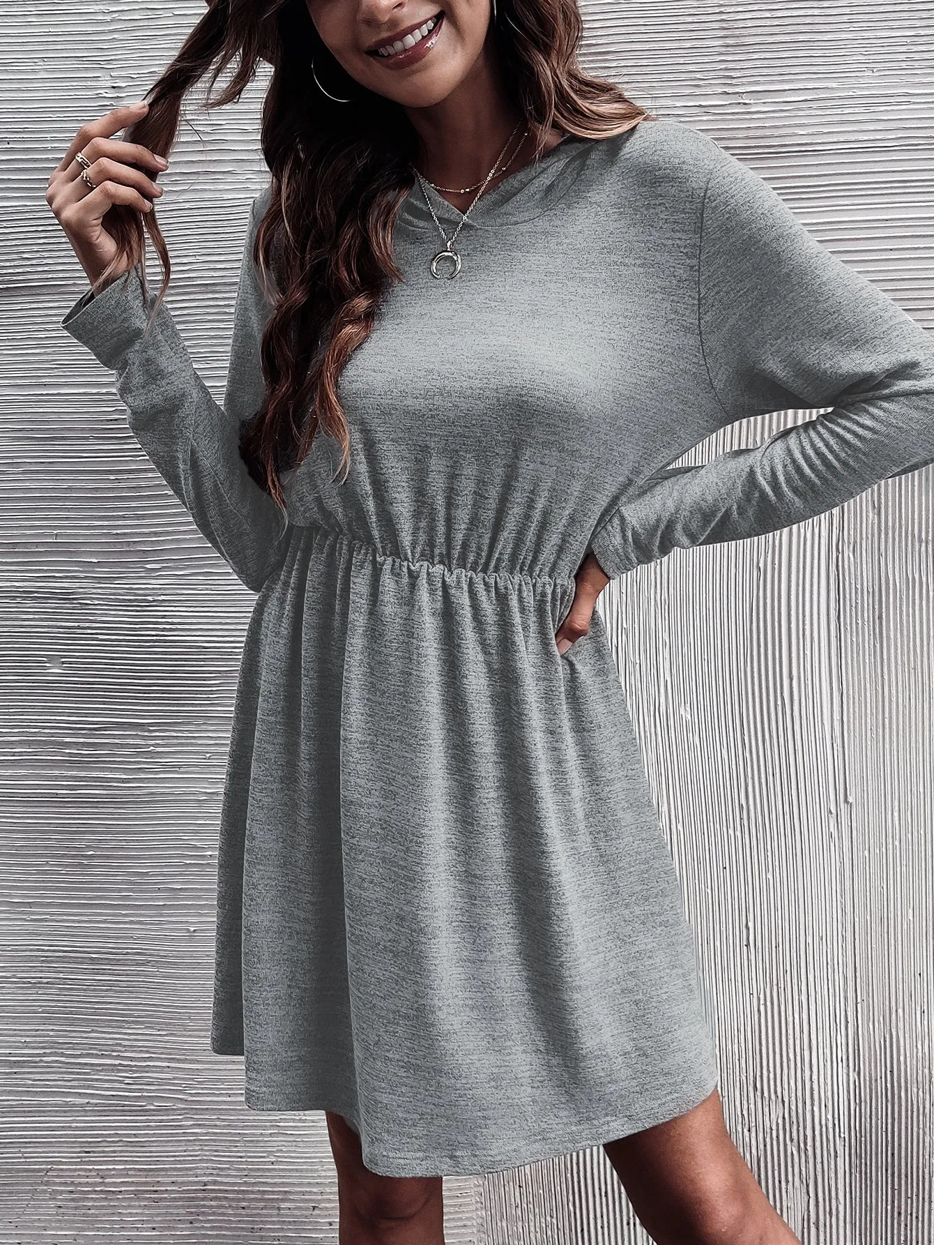 Casual Plain Long Sleeve Hooded Flared High Waist Short Dress