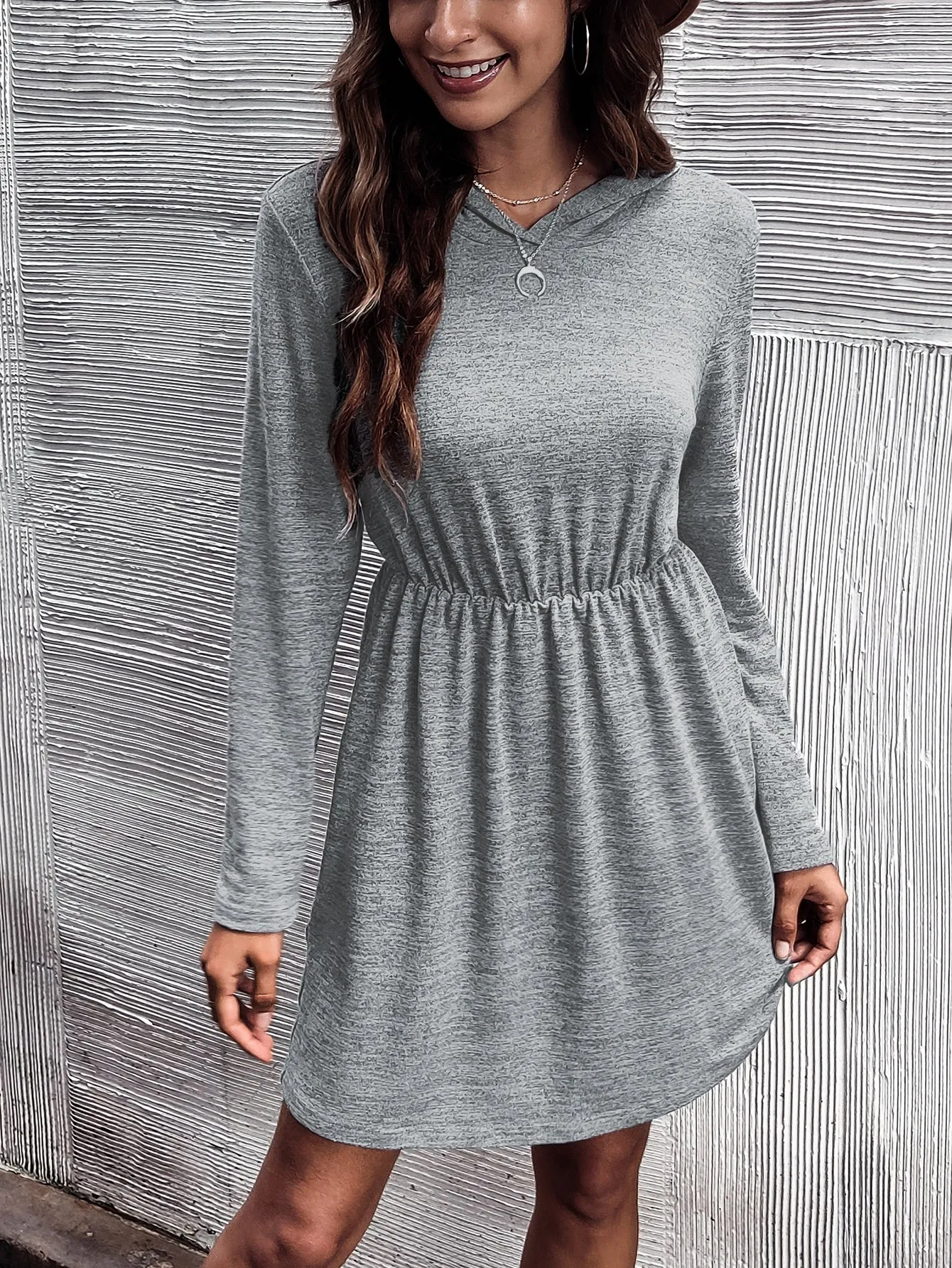 Casual Plain Long Sleeve Hooded Flared High Waist Short Dress