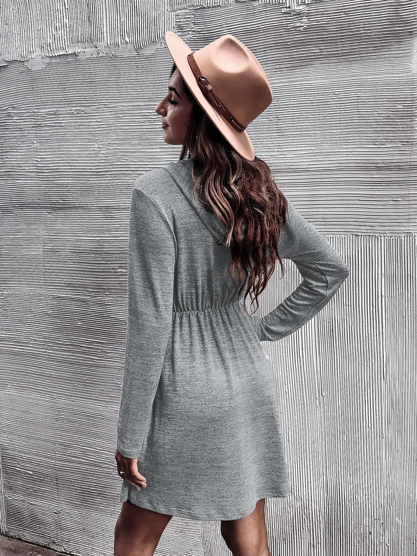 Casual Plain Long Sleeve Hooded Flared High Waist Short Dress