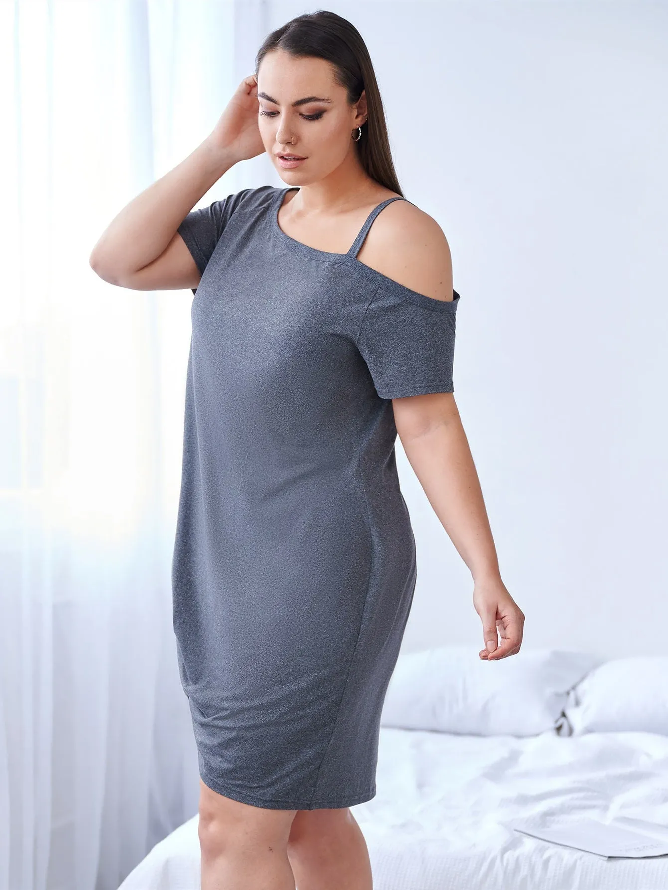 Casual Plain Twist Short Sleeve Asymmetrical Neck Short Plus Size Dress