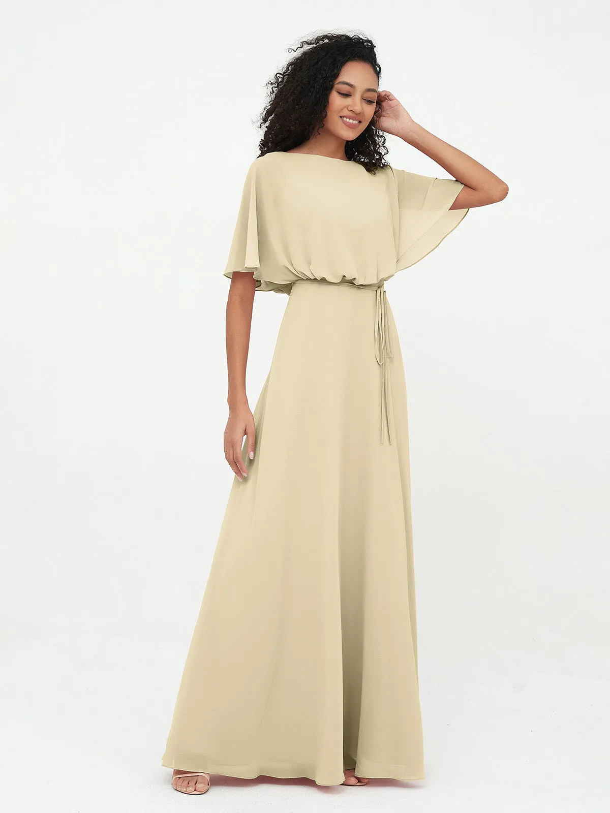 Chiffon Full Length Bridesmaid Dresses with Wrap Champagne