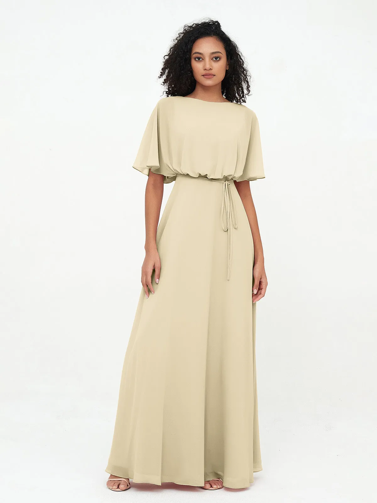 Chiffon Full Length Bridesmaid Dresses with Wrap Champagne