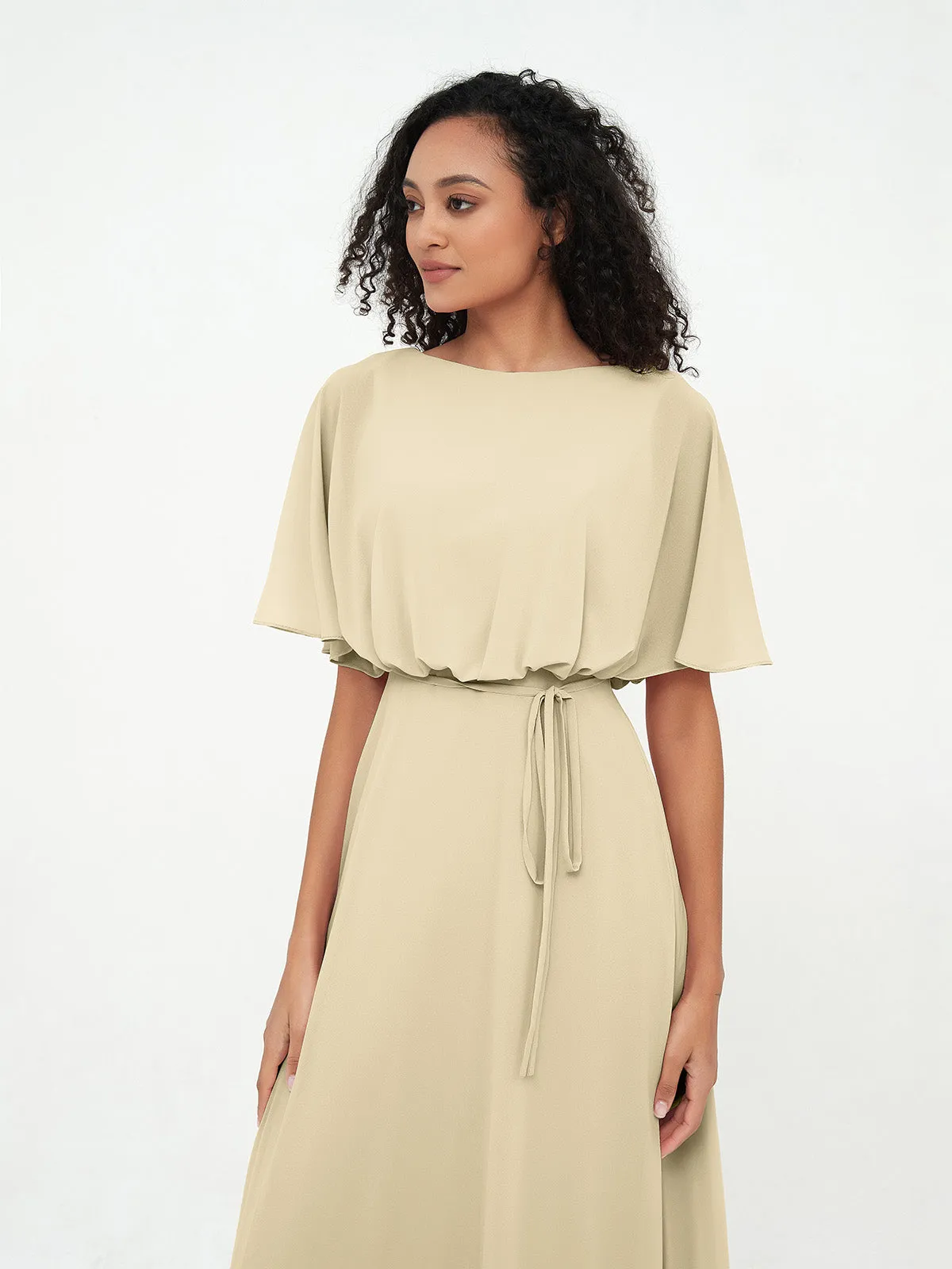 Chiffon Full Length Bridesmaid Dresses with Wrap Champagne