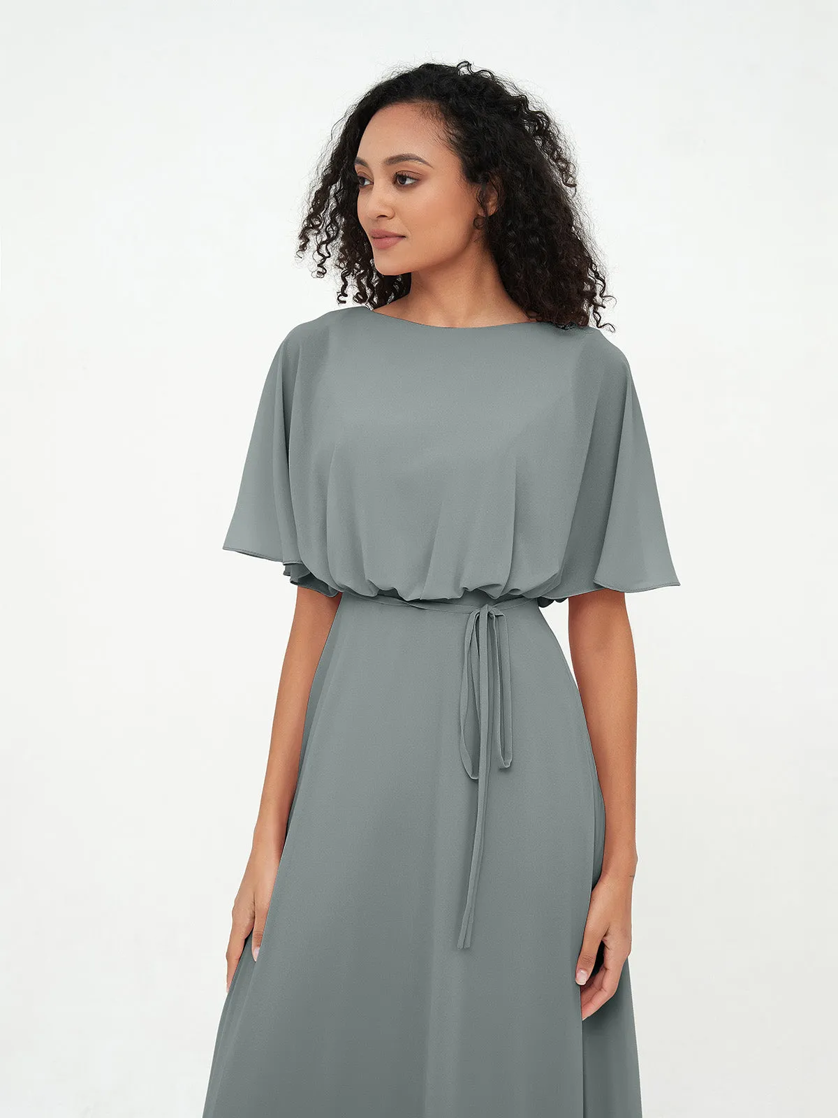 Chiffon Full Length Bridesmaid Dresses with Wrap Steel Grey