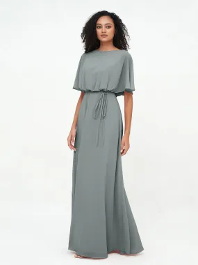 Chiffon Full Length Bridesmaid Dresses with Wrap Steel Grey