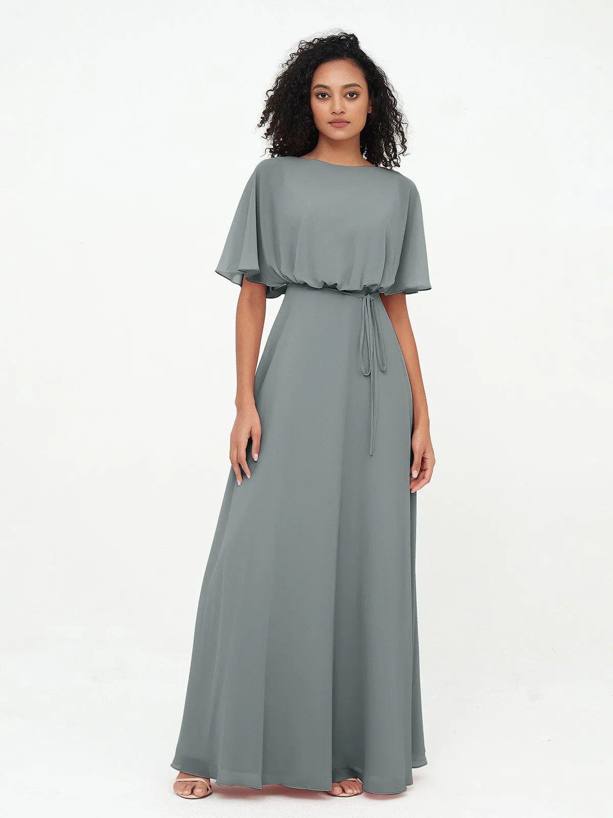 Chiffon Full Length Bridesmaid Dresses with Wrap Steel Grey