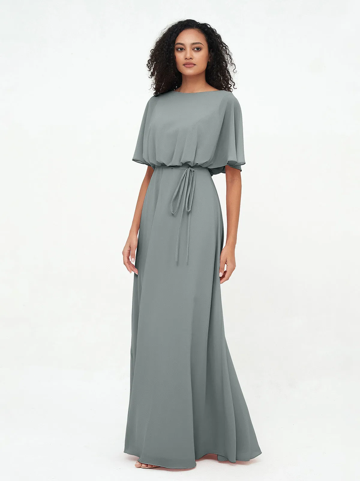 Chiffon Full Length Bridesmaid Dresses with Wrap Steel Grey