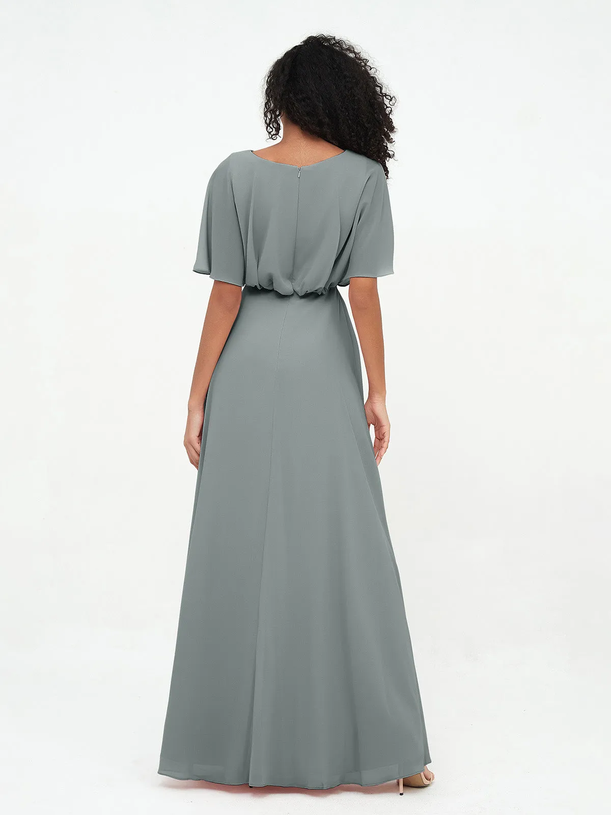 Chiffon Full Length Bridesmaid Dresses with Wrap Steel Grey