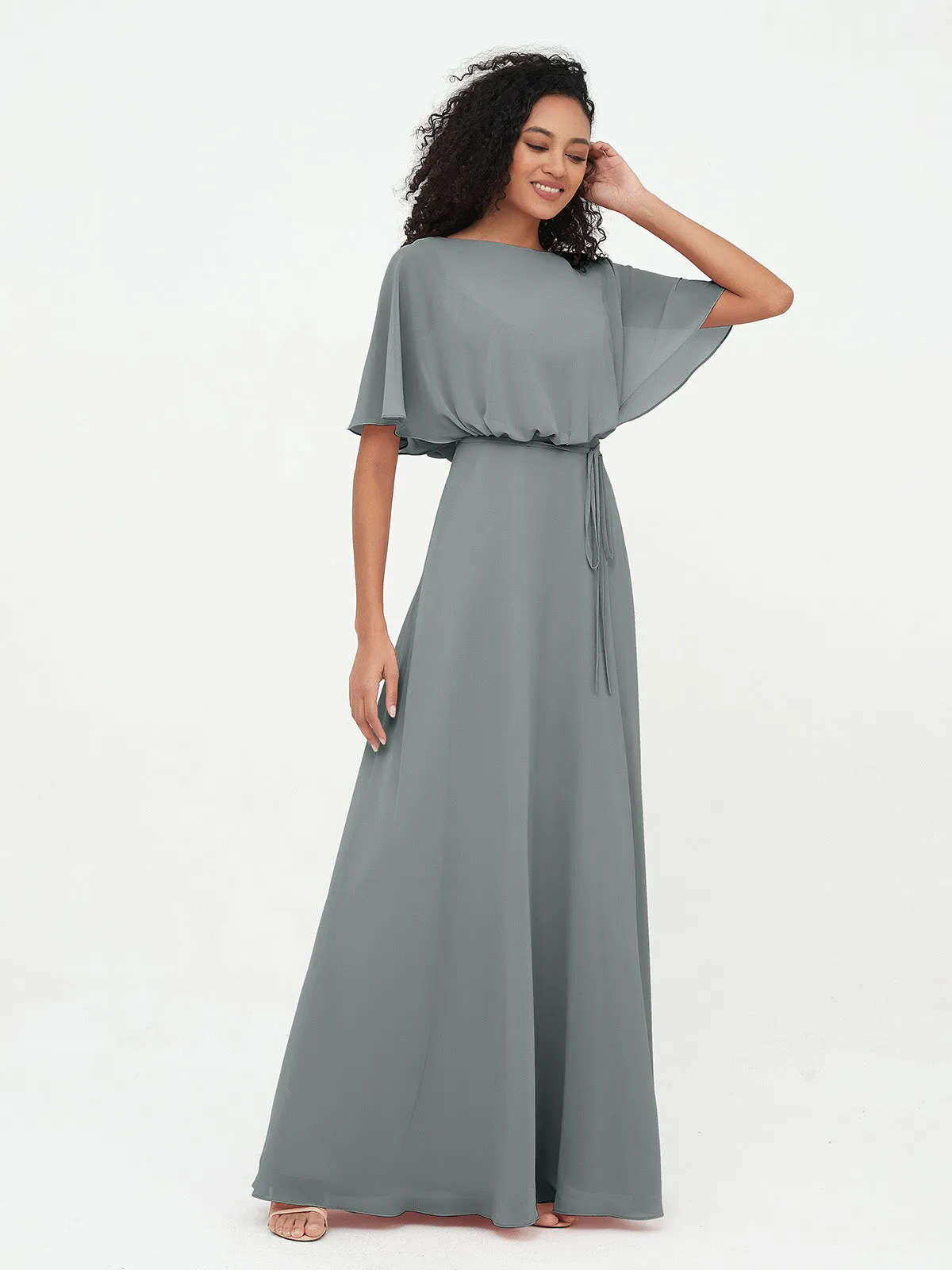 Chiffon Full Length Bridesmaid Dresses with Wrap Steel Grey