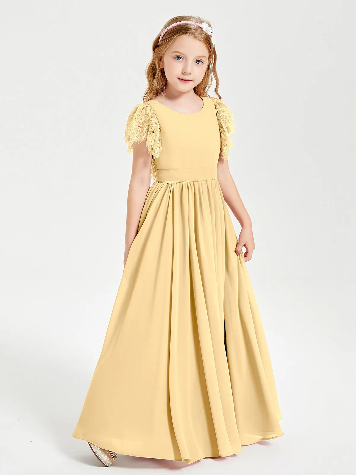 Chiffon Junior Bridesmaid Dresses Lace Flutter Sleeves Scoop Neck Gold