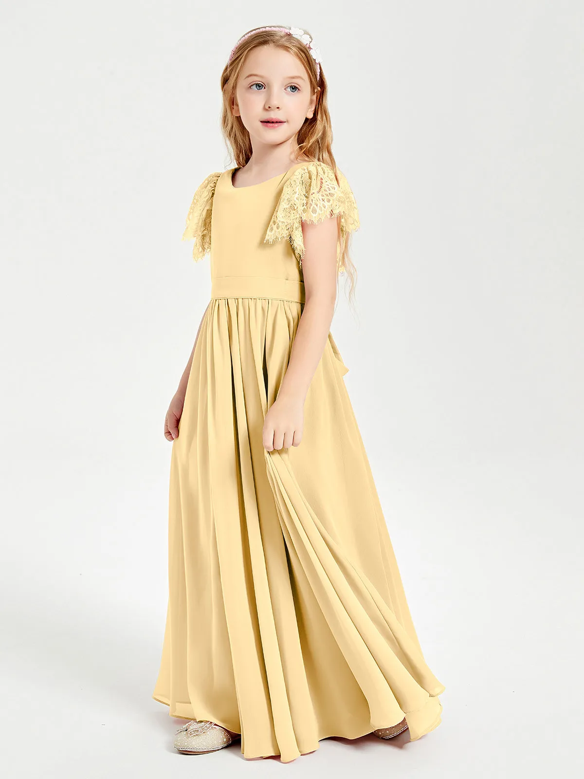 Chiffon Junior Bridesmaid Dresses Lace Flutter Sleeves Scoop Neck Gold