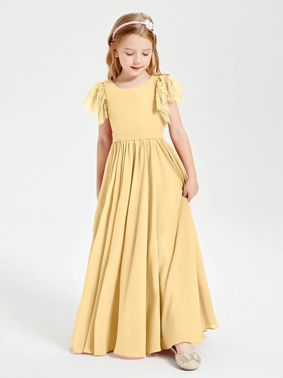 Chiffon Junior Bridesmaid Dresses Lace Flutter Sleeves Scoop Neck Gold