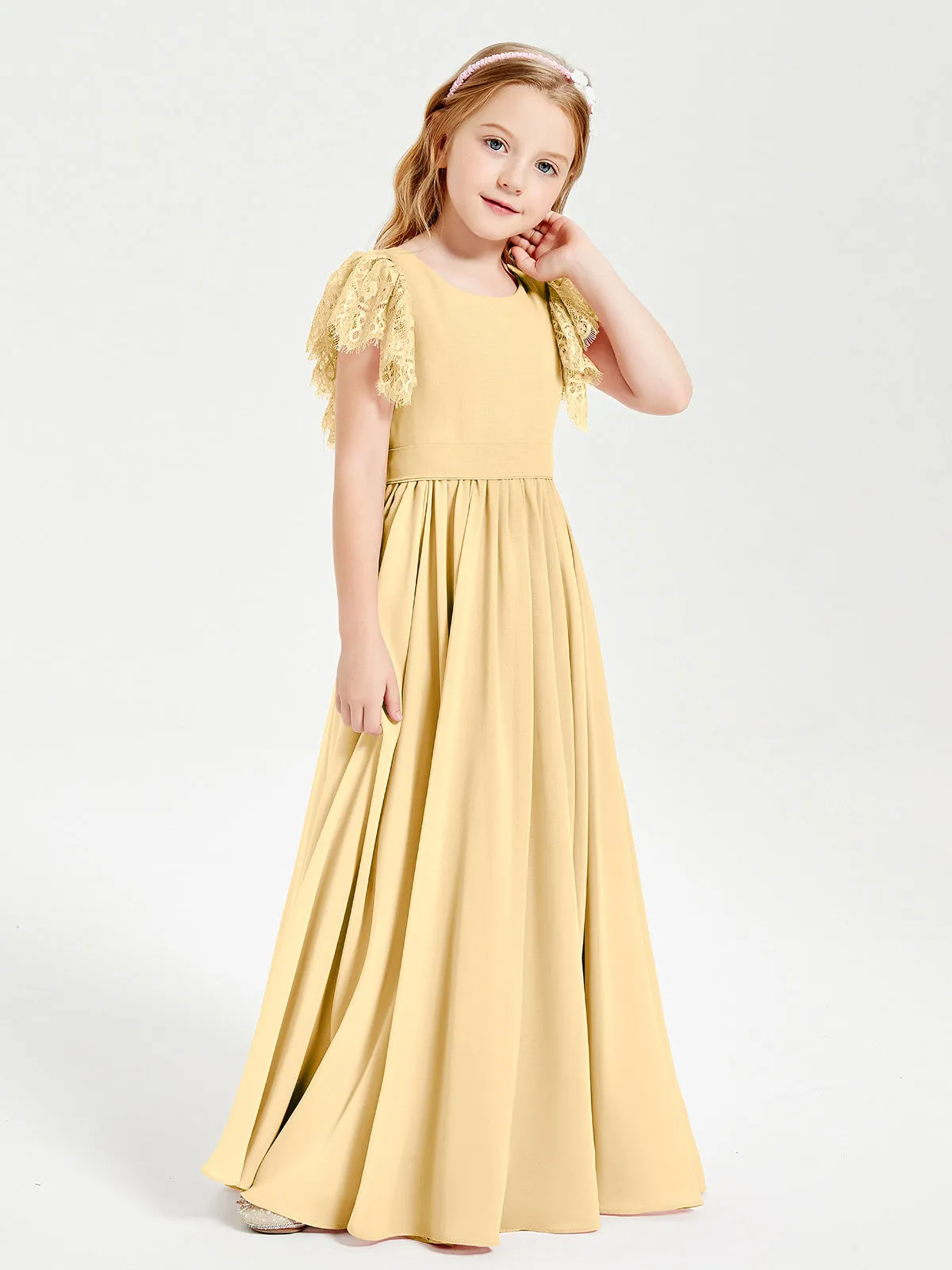 Chiffon Junior Bridesmaid Dresses Lace Flutter Sleeves Scoop Neck Gold